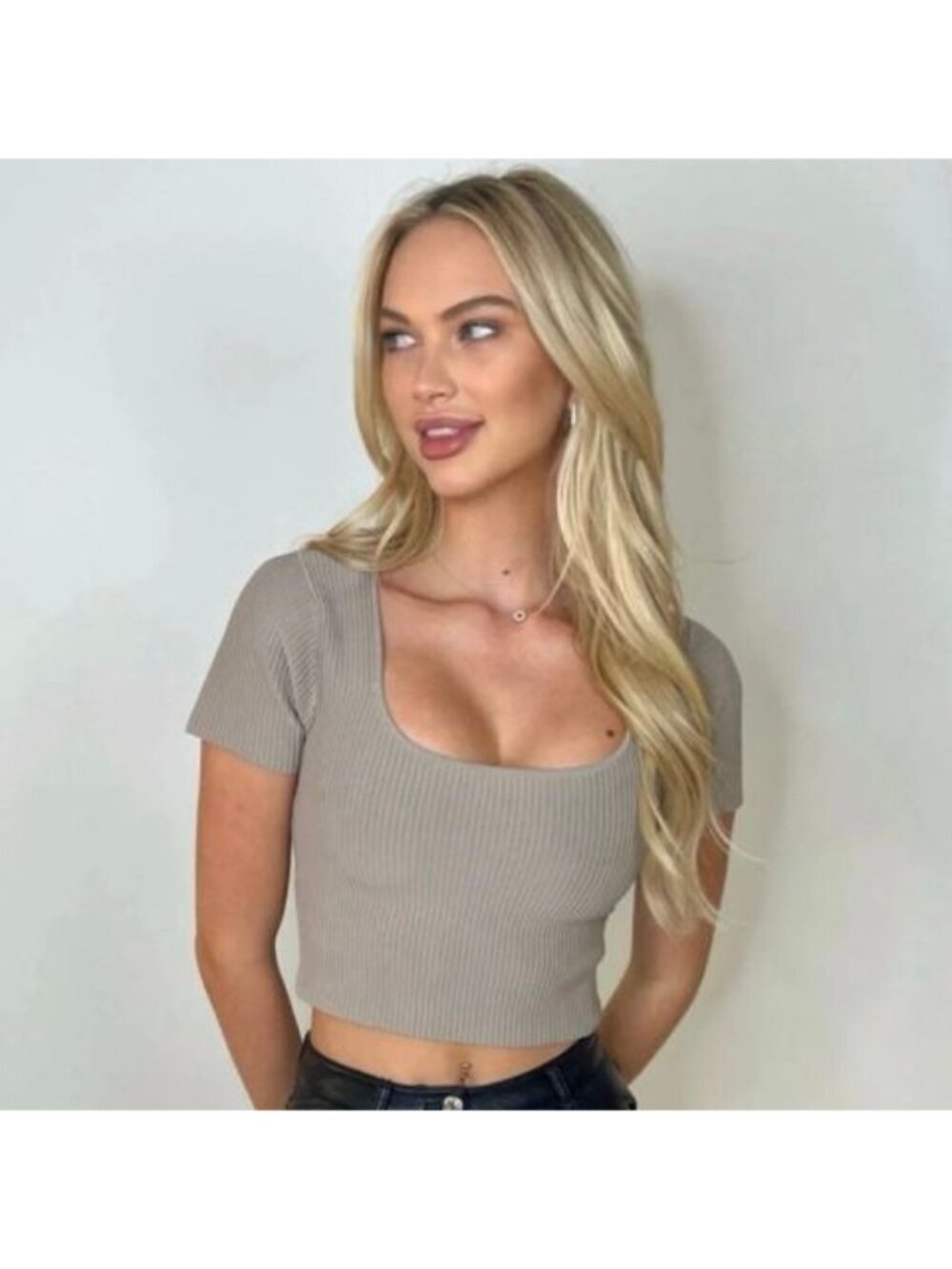 Gypsy & Jade Ribbed Square Neck Cropped Top Ivory Gray XS/S